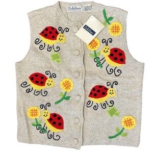 Vintage 90s Ladybug Embroidered Sweater Vest NWT BellePointe Floral Cottagecore